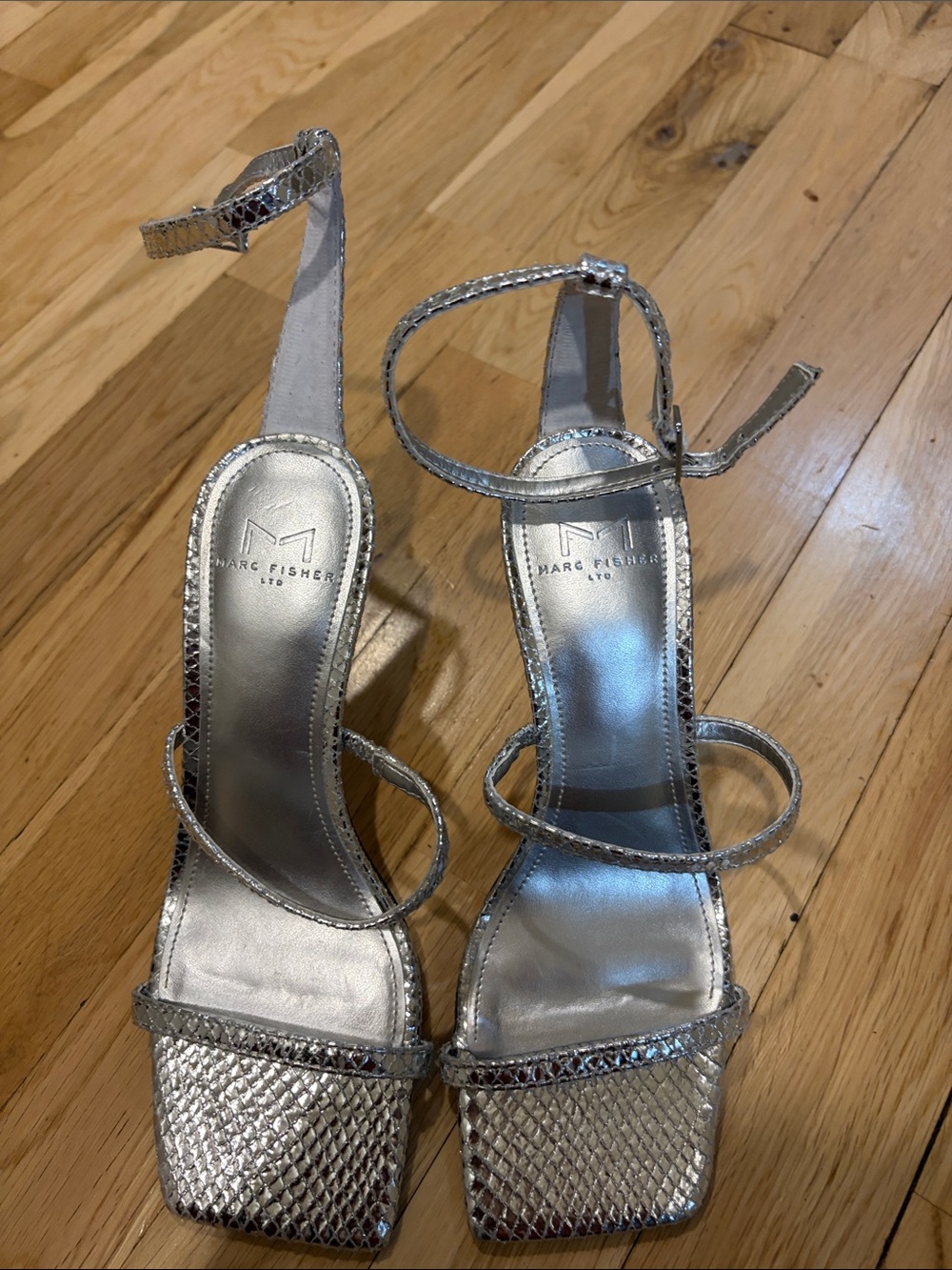 Marc Fisher Silver Metallic Strappy Heel Sandals